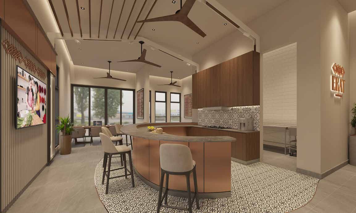 Communal kitchen with a curved island counter, artist's impression