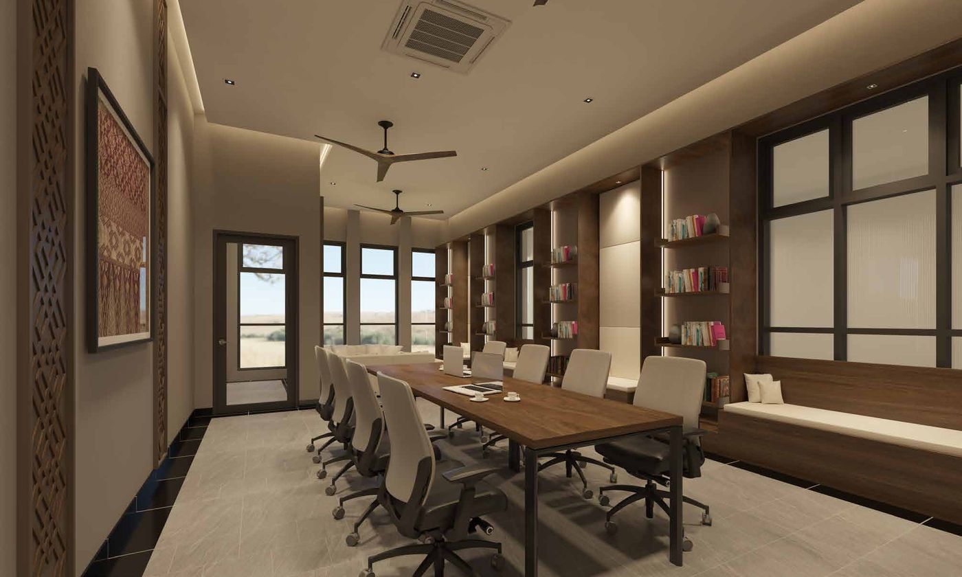Library and reading room with shelves and a long study table, artist's impression